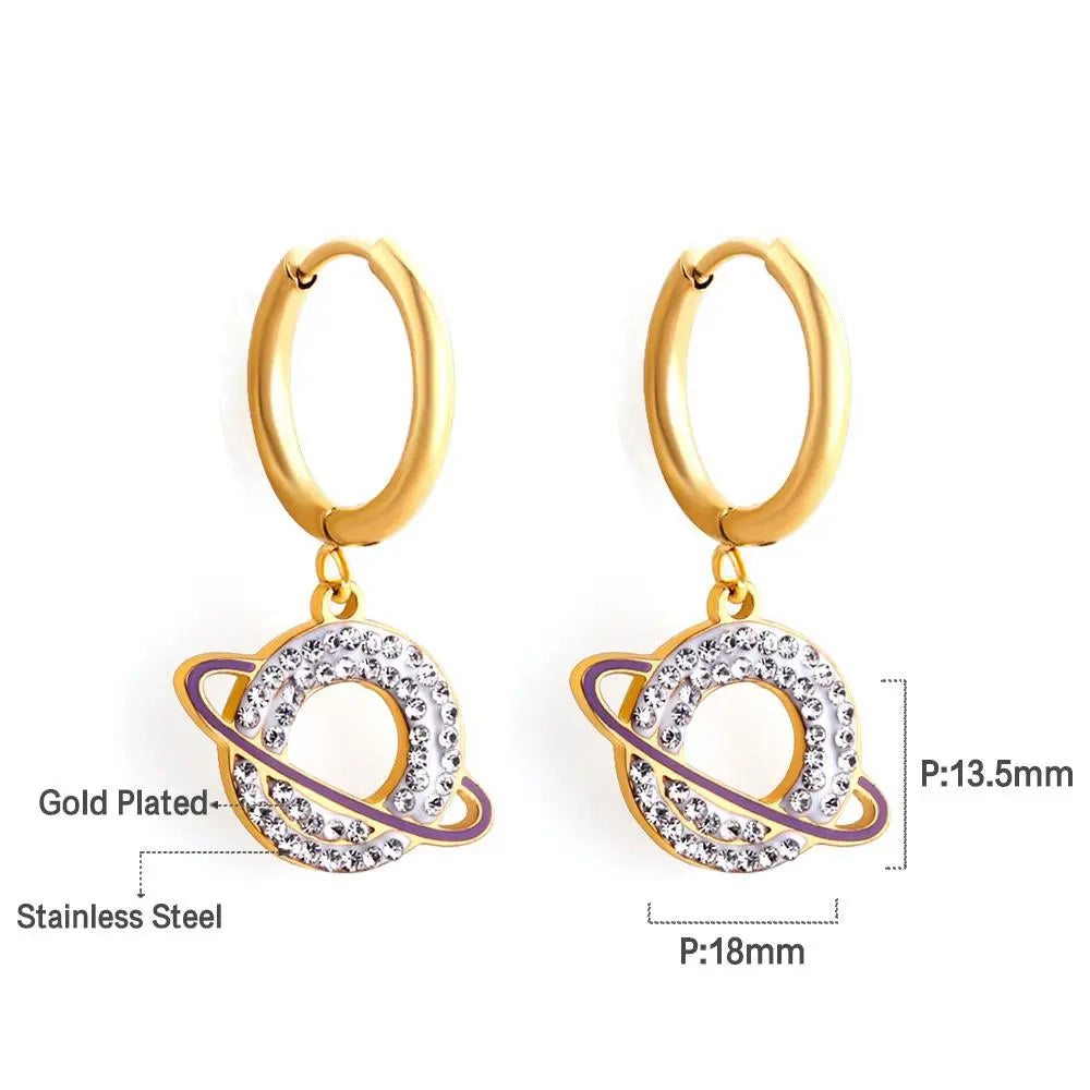 Pendientes mujer Stainless Steel Round saturn Cubic Zirconia Hoop Earrings Brinoc Party New Punk Jewelry Earrings asonjewelry